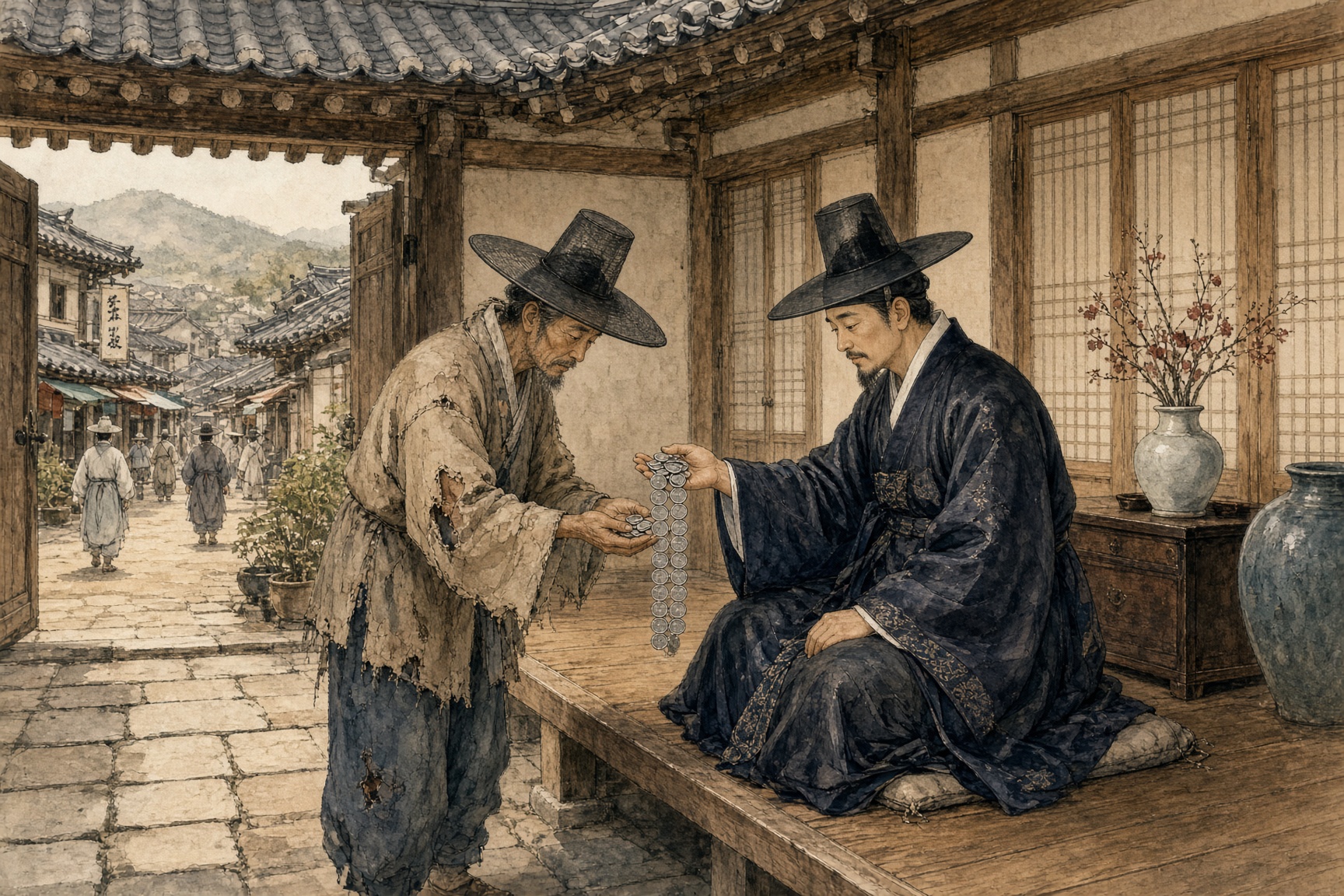 변 부자가 초라한 허생에게 만 냥을 내주는 장면