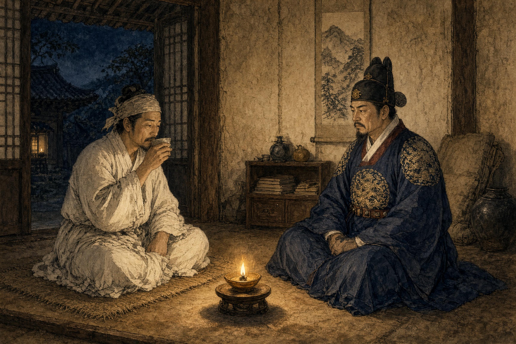 허생의 초가에서 마주 앉은 허생과 어영대장 이완